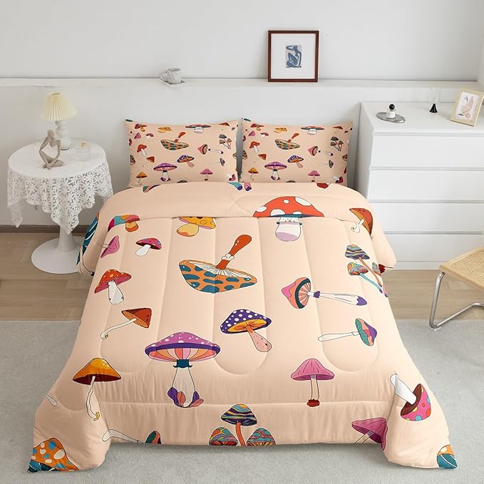 Retro Mushroom Twin Size Comforter Set,Hippie Plant Duvet Set with 1 Pillowcase for Kids Boys,60s 70s Cartoon Style Soft Microfiber Bedding Comforters