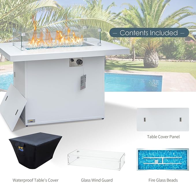NICESOUL Aluminum Outdoor Propane Fire Pit Table, 60,000 BTU Rectangle Natural Gas Firepits, Rust-Proof All-Weather Fire Table with Wind Guard & Glass Rocks for Patio Outside CSA-Certified, White