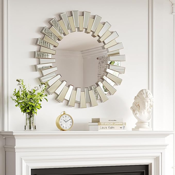 Silver Round Sunburst Wall Mirror - 26" Large Beveled and Birrored Edge Elegant Modern Bohemian Sun Wall Decorative Mirror for Entrance Bedroom Living Room Hallway Bathroom Fireplace Dining Room
