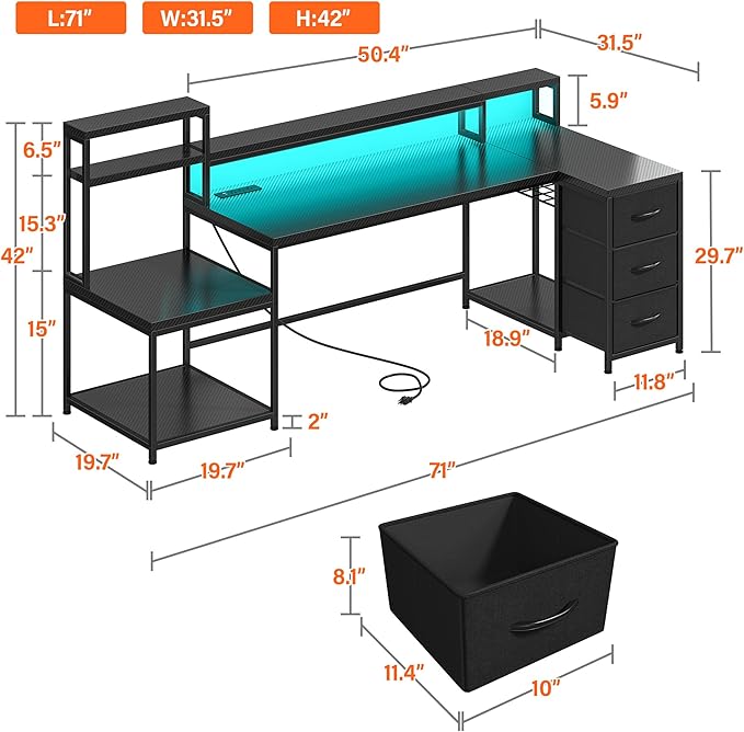 71" L Shaped Gaming Desk with 3 Drawers & Hutch, Computer Desk with Monitor Stand & Power Outlet, Home Office Desk Reversible Black Desk with LED Light,Printer Shelf,Storage Shelves,Black Carbon Fiber