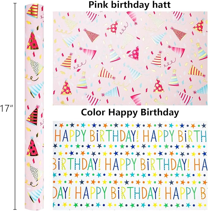 Burymento Birthday Hat Wrapping Paper, Reversible Happy Birthday Design Gift Wrap for Baby Shower, Valentines, Mothers day, Graduation, Wedding, Fathers day, Christmas (17 Inch X 32.8 Feet)