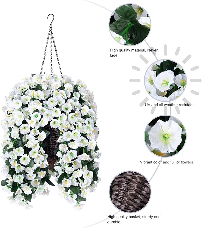 HyeFlora Artificial Faux Hanging White Flowers Plants Basket for Outdoor Outside Christmas Winter Decor, Fake UV Resistant Realistic Morning Glory Flowers for Porch Home Balcony Yard Patio Decoration