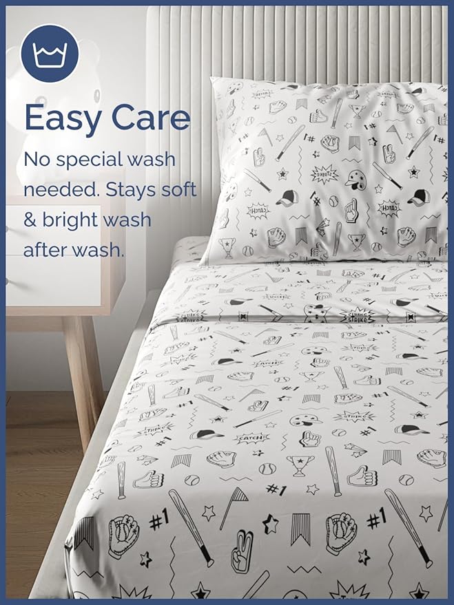 Kids Baseball Twin 3 Piece Sheet Set - Boys, Girls, Teens, Toddler - Easy Fit Deep Pockets - Breathable, Hotel Quality Bedding Sheets - Machine Washable - Wrinkle Free - Cute, Cozy, Soft - CGK Linens