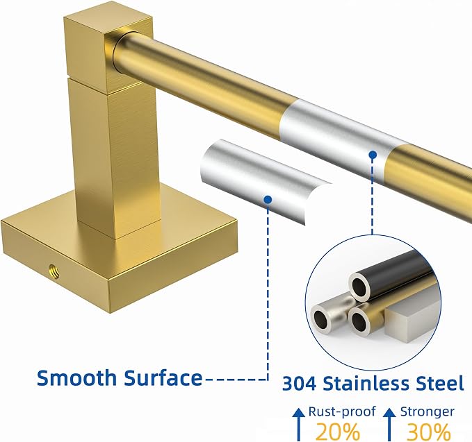 RUACQ Gold Towel Bar 18 inch, 304 Stainless Steel Towel Racks for Bathroom Wall Mounted, Heavy Duty Bath Towel Rod with Square Base(Brushed Gold)