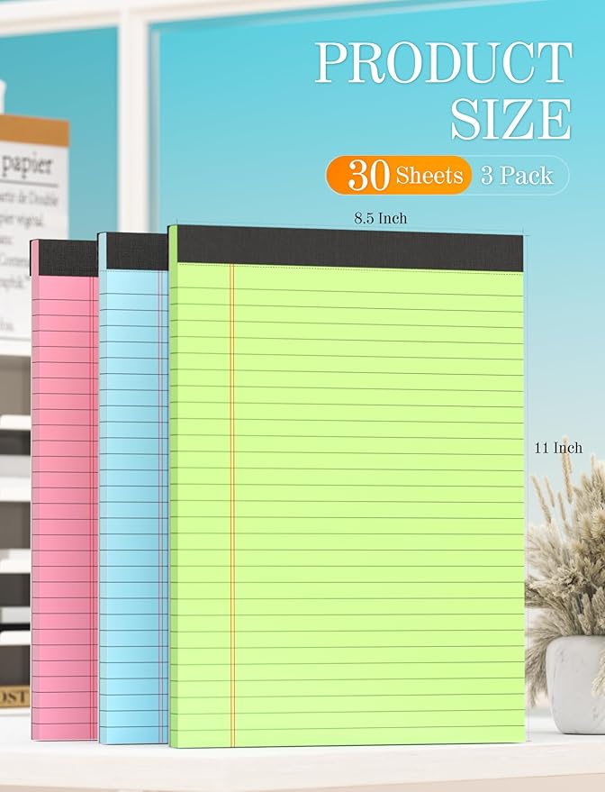 Zaviko Legal Pads 8.5 x 11 Colored Note Pads 8.5 x 11, 3 Pack Notepads 8.5x11, Pink Notepad 8.5x11 Legal Pad, Notebook Paper for Home Office Supplies, Lined Paper Pads 8 1/2 x 11, 30 Sheets/Pad