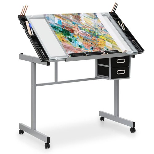 MoNiBloom Drafting Table - Adjustable 0-65° Glass Top on Wheels with Storage & Side Tray