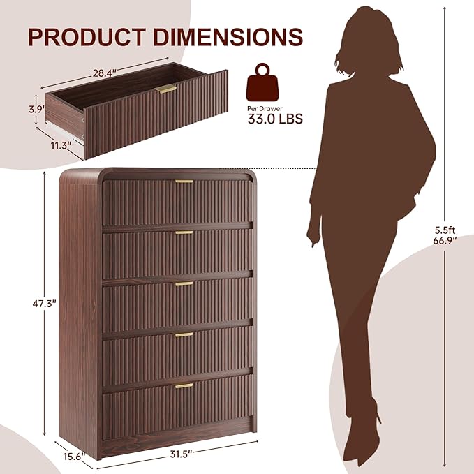 FURSUN Fluted 5 Drawers Dresser for Bedroom, 48" Tall Wooden Modern Dresser with Metal Handle, Curved Profile Design, Storage Organizer for Living Room, Hallway（Dark Walnut）