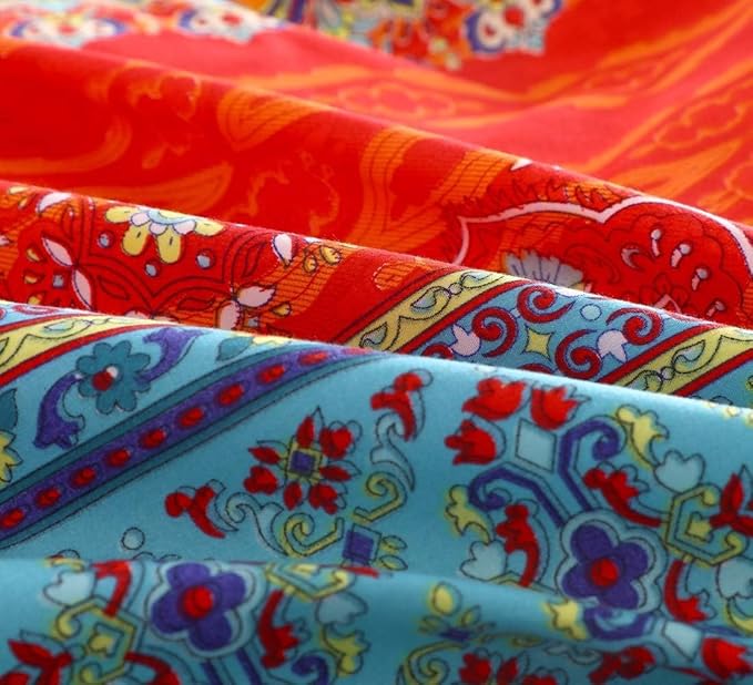 Bohemian Full Comforter Set - Soft Chic 3 Pieces Bedding, Lightweight Exotic Red Teal Mandala Colorful Vintage Bed Set for All Seasons (Full, Boho)