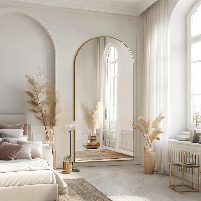 Dewfig Arched Full Length Mirror, 78"x38" Large Floor Mirror with Stand, Oversized Full Body Mirrors for Standing/Leaning/Hanging, Wall Mounted Mirrors for Bedroom, Living Room,Dressing Room, Gold