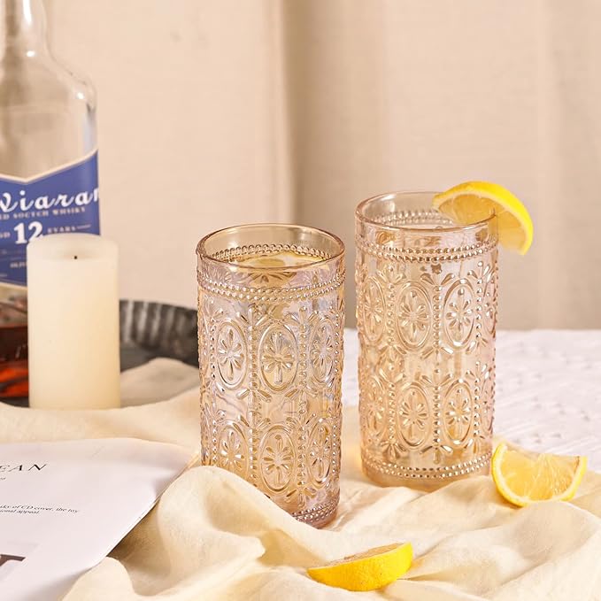 abrwyy Amber Glassware set of 4 Vintage Drinking Glasses, 12oz Amber Heavy Duty Glass Cups, Old Fashioned Glass, Highball Glasses Set for Party Wedding Home Office Glassesware Gift