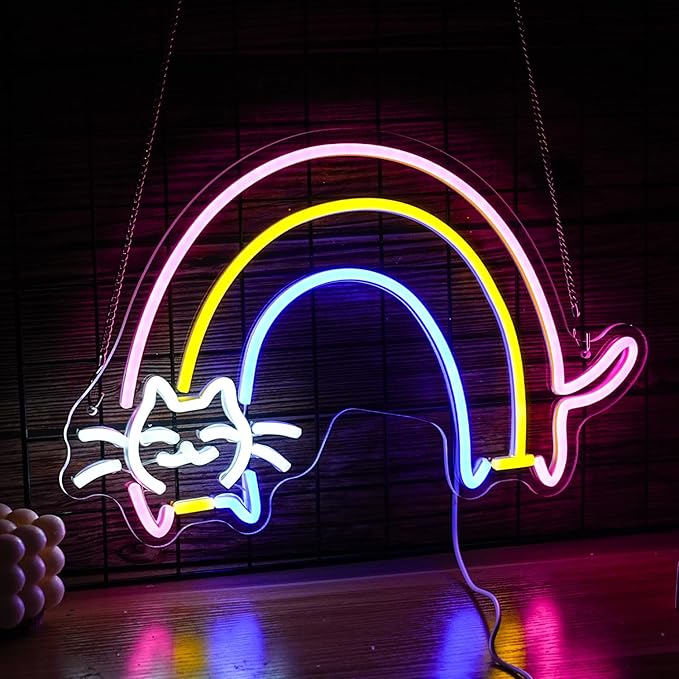 Rainbow Cat Neon Sign Cute Cat Led Light Up Sign Powered by USB Dimmable Colorful Rainbow Neon Light for Bedroom Kids Room Cat Cafe Bar Man Cave Wall Decor