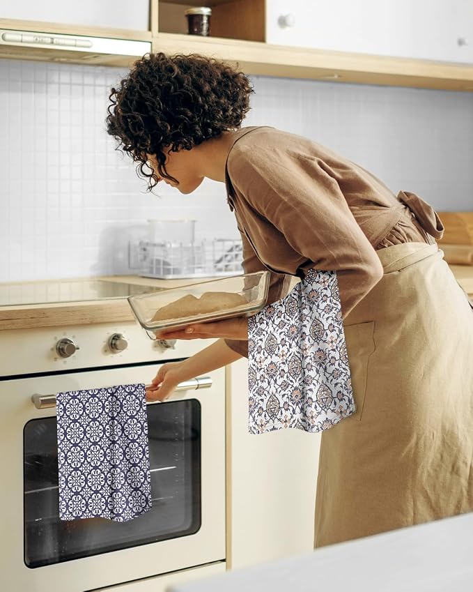Miss Adola 2 Pack Flour Sack Kitchen Towels - 16x26 Inch Cotton Dish Towels with Hanging Loop Reusable Geometric Boho Modern Retro Tea Towel Absorbent Dishcloths Home Decor, Blue Boho Style