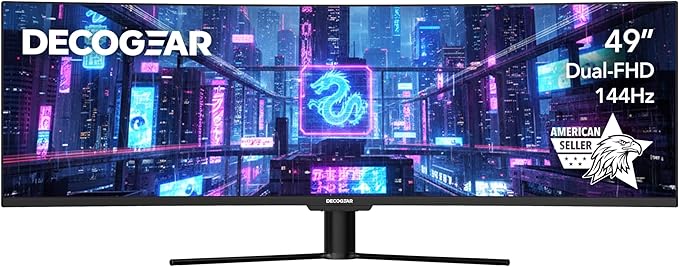 Deco Gear Curved 49” Super Ultrawide Gaming Monitor, 32:9 WDFHD 3840×1080, 144Hz, 4ms, 3000:1 VA, HDR400, Adaptive Sync, USB-C 65W, HDMI/DP, PBP/PIP, KVM, 1800R, American Seller