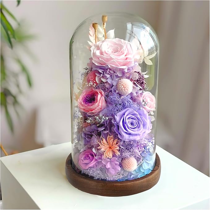 Flowers for Delivery - Forever Flowers Rose in Glass Dome with LED Lights, Large Size Preserved Roses Gifts for Women, Mom, Wife, Friend -Birthday, Anniversary, Valentine's Day Gift (Pink + Purple)