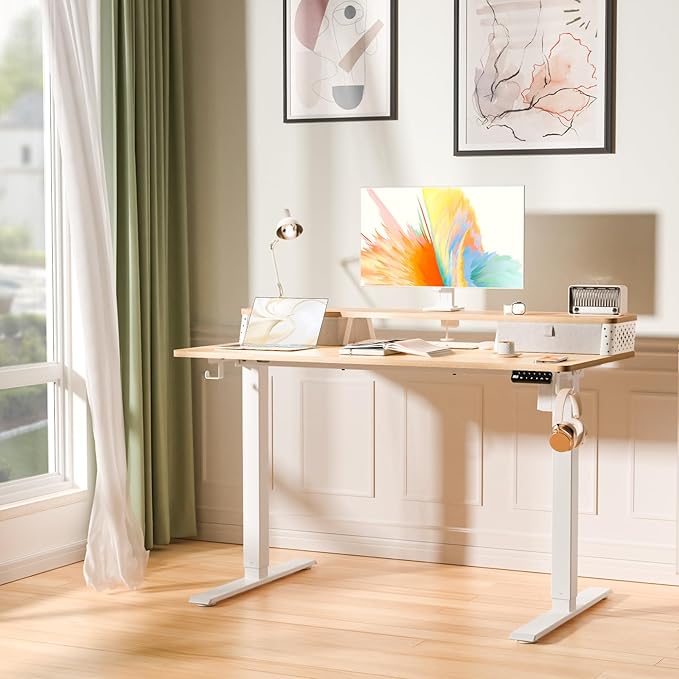 Electric Standing Desk with 2 Drawers 48''x 24'' Adjustable Height Sit to Stand Up Desk with Storage Shelf C-Clamp Mount Compatible Home Office Desks Computer Gaming Table Ergonomic Workstation