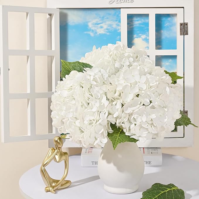 MARTINE MALL 4Pcs 21in Hydrangea Artificial Flowers, Latex Real Touch Hydrangeas Lifelike Large Hydrangea Flowers for Home Decor Party Arrangements Wedding Bouquets Centerpieces (White)