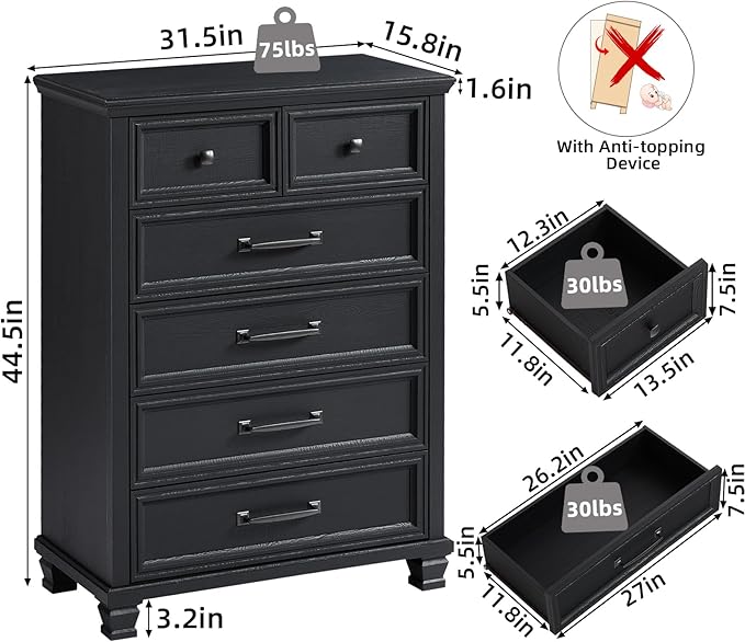 Farmhouse 6 Drawer Dresser for Bedroom, 45 Inch Tall Vintage Wood Chest of Drawers, Mid-Century Dressers w/Square Wooden Legs, Rustic Storage Organizer for Living Room, Hallway, Black
