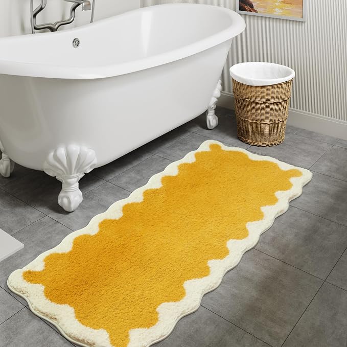 Uphome Bathroom Runner Rug, Large Water Absorbent Cute Bath Mat Non Slip Washable, 24x60 Soft Irregular Shaped Shaggy Microfiber Bath Runner Rug for Floor, Bathtub, Bedroom, Yellow