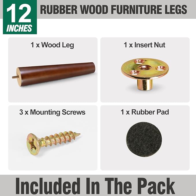FoDau770 Brown Rubber Wood Furniture Legs 12 Inches, 5/16" UNC Straight Tapered Wood Feet Mid Century Sofa Legs, Wooden Furniture Feet Replacement Parts for Cabinet Couch Dresser Chair Ottoman Table