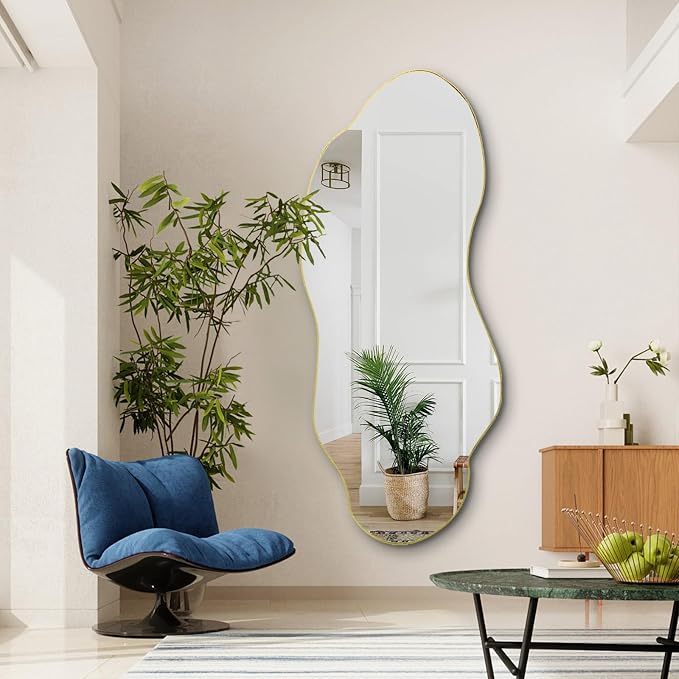 Large Irregular Wall Mirror, 63"x27.2" Asymmetrical Mirror with Gold Metal Frame, Organic Shape Mirror for Living Room Bedroom Hallway Entryway, Horizontal or Vertical Hanging