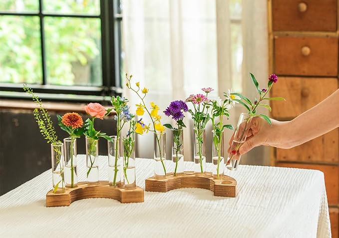 Melphoe Glass Bud Vases Small Flower Vase for Centerpieces Wedding Table Decorations, Home Decor, Propagation Station Plant Terrarium with Wooden Stand, Unique Plant Lover Gifts for Women (Brown)