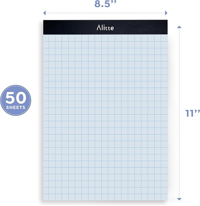 Alitte Graph Paper Pad, Pack of 12, White Letter Size - 2x2 Quad Grid Paper, Easy-Tear Perforations, 8.5 x 11 Cardboard Backing - Graph Notepads for School, Office -50 Sheets per Pad