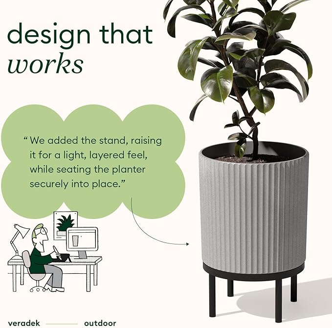 Veradek Demi Series Round Planter w/Stand for Porch/Patio | Durable Plastic-Stone Composite & Wooden Stand | Modern Décor for Tall Plants, Flowers