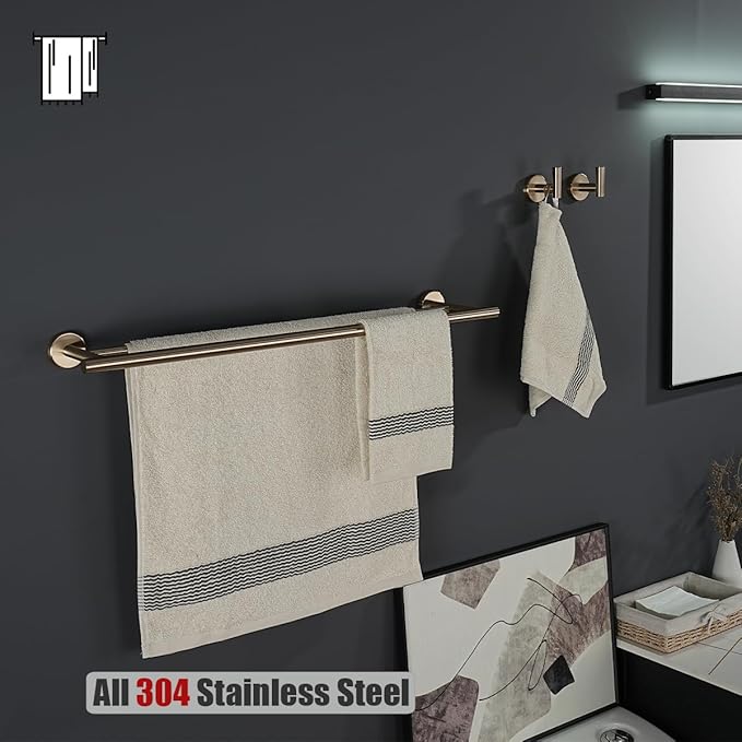 JQK Double Towel Bar Champagne Bronze, 27 Inch 304 Stainless Steel Thicken 0.8mm Towel Rack for Bathroom, Towel Holder Wall Mount, Useable Length 24 Inch, TB100L24-CB