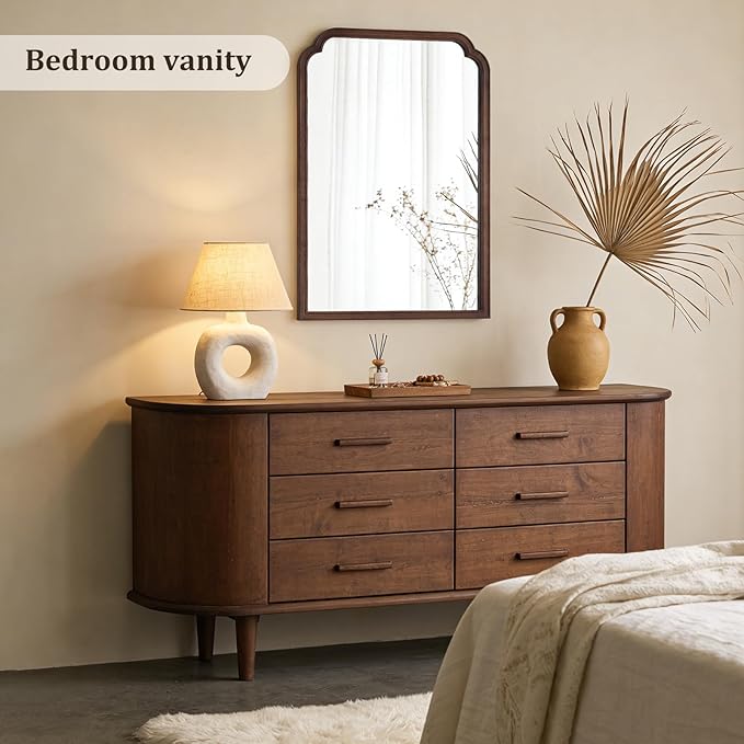 WallBeyond 28" x 40" Wood Bathroom Mirror for Wall Mounted, Rustic Rounded Corner Vanity Mirror for Entryway, Living Room or Bedroom Home Decorative [28" x 40" Walnut]