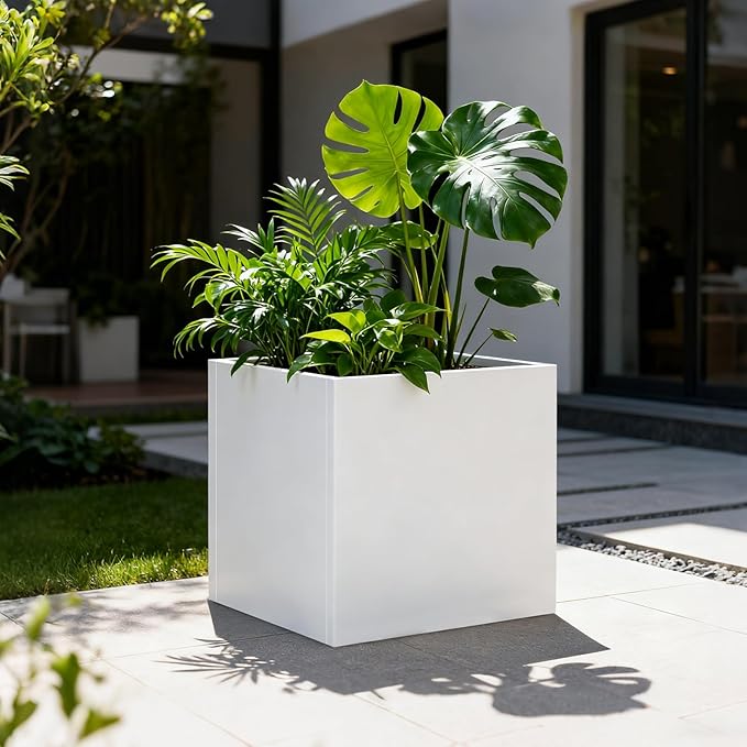 White Steel Planter Square Outdoor Planters Galvanized Steel Planter Box Indoor Metal Large Planters Cube Heavy Duty Flower Pot 32 Inch Modern Commercial Residential for Trees Patio Yard Garden