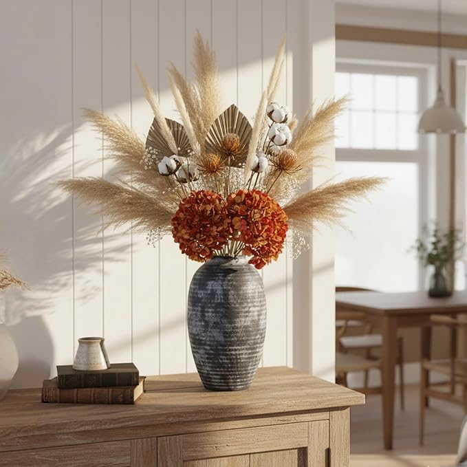 Farmhouse Rustic Ceramic Vase, 10.6 inch Gray-White Textured Modern Weathered Pottery Terracotta Vintage Vases for Home Decor Enterway Coffee Table Mantel Shelf Decorative (Tall - B)