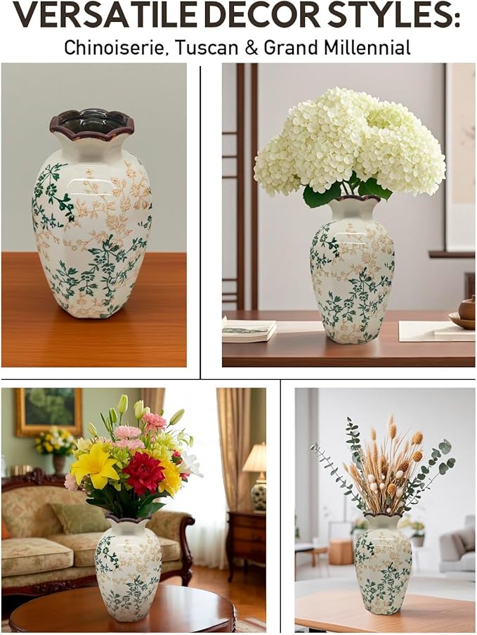 Vintage Ceramic Flower Vase Home Decor - Tabletop Rustic Tall Vase for Decor Living Room Bookshelf Office Kitchen Farmhouse Cottage, White Vases for Bouquet, Ruffled Rim | Grand Millennial | 9.1inch