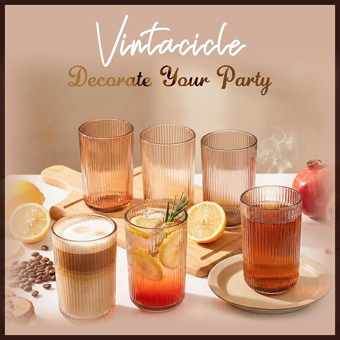 Gray Ribbed Highball Glasses Set of 6, 13.2oz Smokey Gray Colored Glassware, Drinking Glasses for Water, Juice, Iced Coffee, Cocktails, Glass Cups, Housewarming Christmas Gift