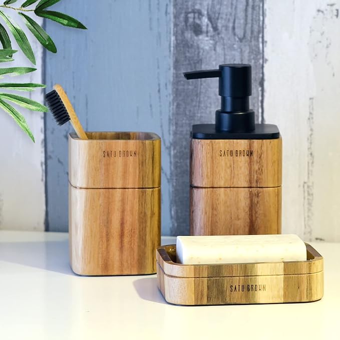Bathroom Accessories Set 3 Piece Bath Ensemble Includes Soap Dispenser, Bathroom Tumbler, Soap Dish Accessories for Decorative Countertop and Housewarming Gift,Acacia Wood