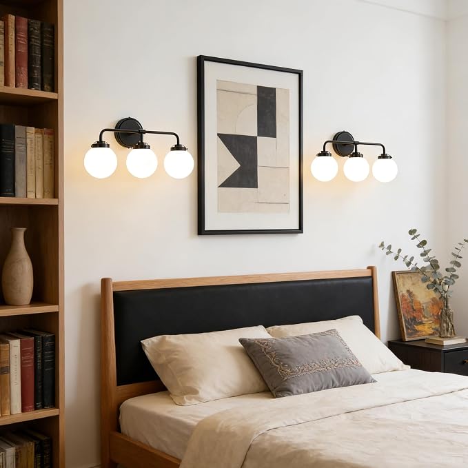 Bathroom Light Fixtures, 18.26'' Black Vanity Light, Modern 3 Lights Wall Sconce with Milky Glass Globe Shade, Mid-Century Bathroom Lighting Fixtures Over Mirror for Bathroom, Living Room