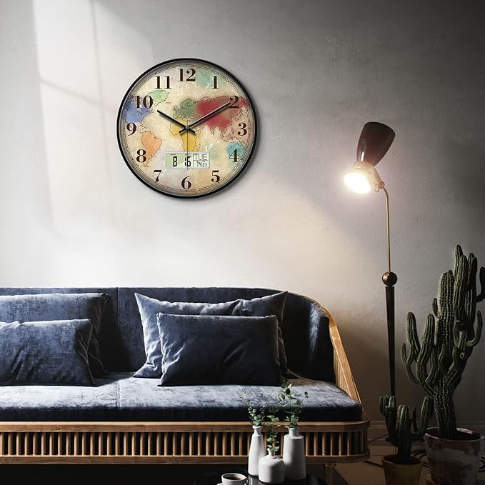 Vintage World Map Wall Clock, 14 Inch Silent Non-Ticking Battery Operated Analog Clock with LCD Date Day Temp Display, Decorative for Living Room, Bedroom, Kitchen, Study, Dining Room