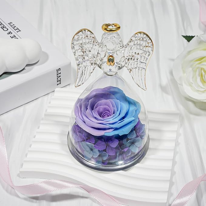 Sunia Preserved Flower Rose Gift for Women - Mother's Day Birthday Gifts for Mom Wife Grandma, Glass Angel Figurines Forever Real Roses Gifts for Her Valentine Day Thanksgiving﻿ (Blue Purple)