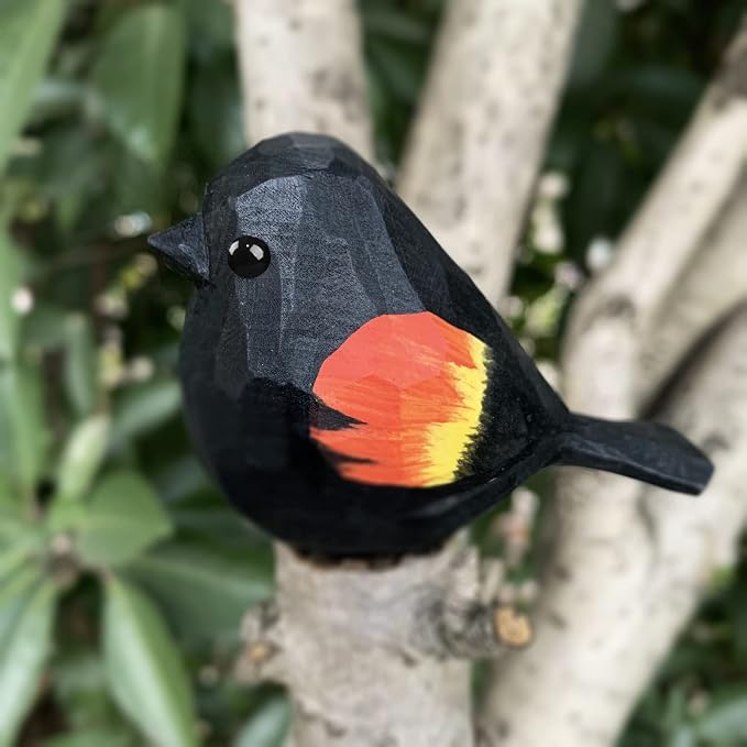 Bird Figurines Hand Carved Painted Wooden Statues for Home Decor, Gift for Bird Lovers,Housewarming, Birthday, Christmas, Anniversaries (NO.21-Red-Winged Blackbird)