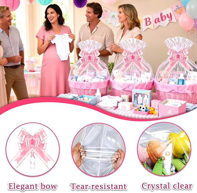 PigPotParty 24"x30" Clear Cellophane Gift Bags with Pink Bows – 10 Pack Large Cellophane Wrap for Gift Baskets, Plastic Gifts Bags for Baby Girl Shower, Birthday Party and Bridal Shower