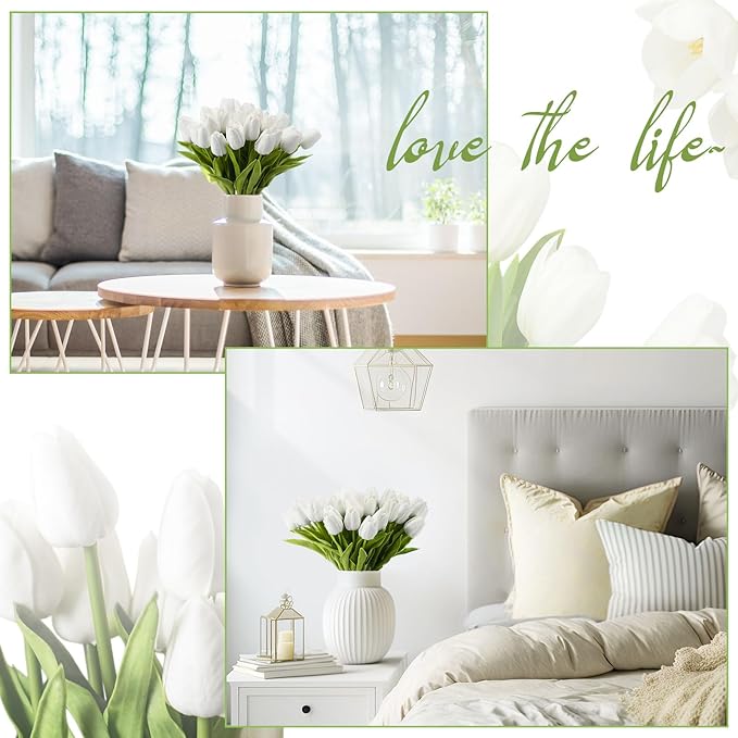 Janinka 60pcs Artificial Tulip Flowers Fake PU Tulips Faux Latex Bouquet Flower Centerpieces Arrangement Floral for Mother Day Wedding Spring Decorations (White)