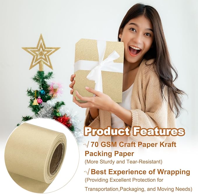 PATIKIL Wrapping Paper, 12" x 300"(25') 70 GSM Craft Paper Roll Kraft Packing Paper for Poster Bulletin Board, Gift Wrapping, Brown