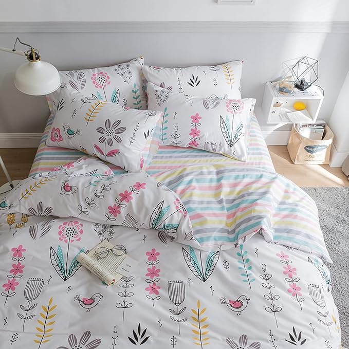 HighBuy Floral Duvet Cover Twin Bedding Set 3 Piece White Bedding Sets Cotton Garden Boho Aesthetic Comforter Cover for Boys Girls Kids Reversible Striped Bedroom Collections,Style03