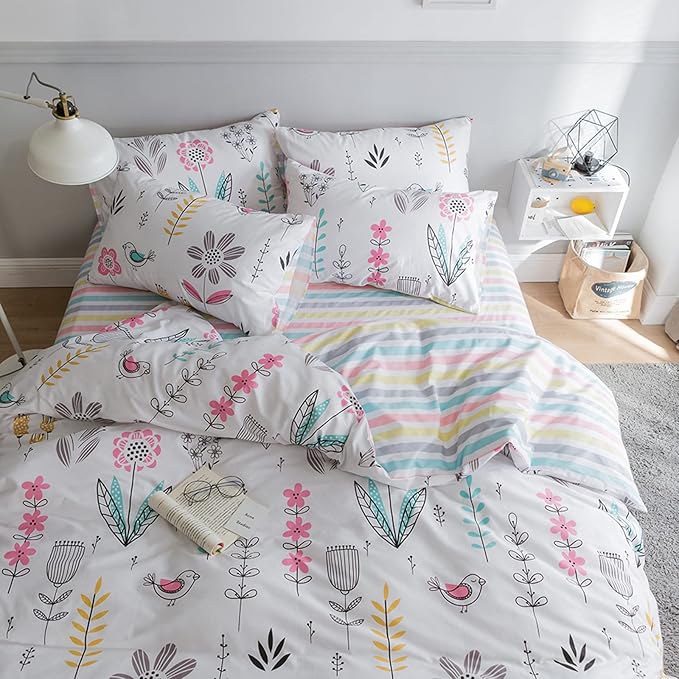 HighBuy Floral Printed Bedding Sets Full Duvet Cover Girls Cotton Comforter Cover Full Size Garden Aesthetic Reversible Striped Bedding Sets 3 Piece Bed Boho Comforter Cover Duvet Cover Set
