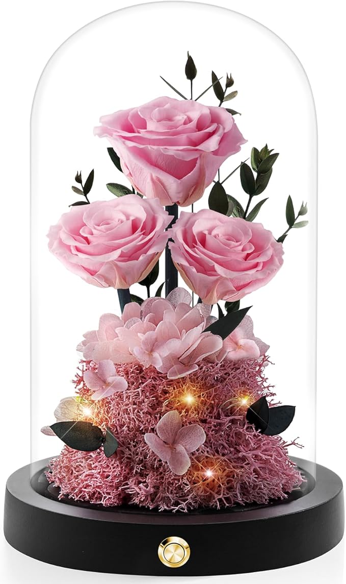 Christmas Flowers Roses Gifts for Mom,Forever Real Preserved Roses in Glass Dome,Christmas Anniversary Thanksgiving Gifts for Wife Girlfriend Women Best Friend GrandmaPink Rose