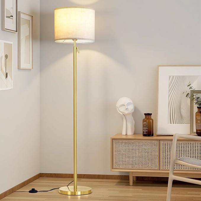 Modern Floor Lamp for Living Room and Bedroom- 55"-67" Height Adjustable Standing Lamps with Dimmable LED Bulb and Remote Control-Bright Tall Stand Light with Shade for Corner Lighting （Gold）