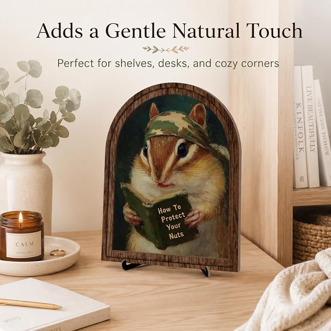 Wooden Tabletop Decor Funny Reading Chipmunk Art for Bookshelf Desk Shelf, Vintage Animal Sign with Rustic Frame, Home Office Decorative Accent