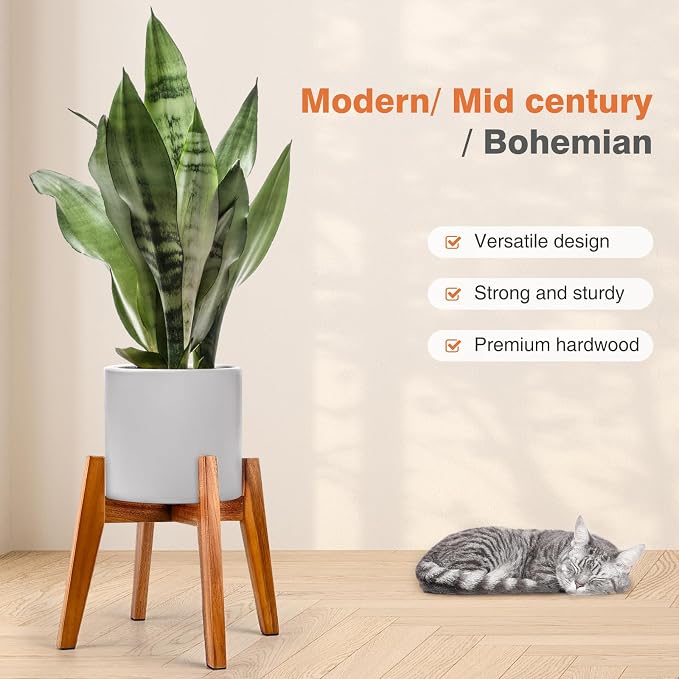RAINBLELAND Acacia Wood Plant Stand for 9 Inch Pots, Mid Century Modern Indoor Plant Stand, Solid Hardwood, Non-Adjustable Flower Pot Holder for Home and Patio Décor