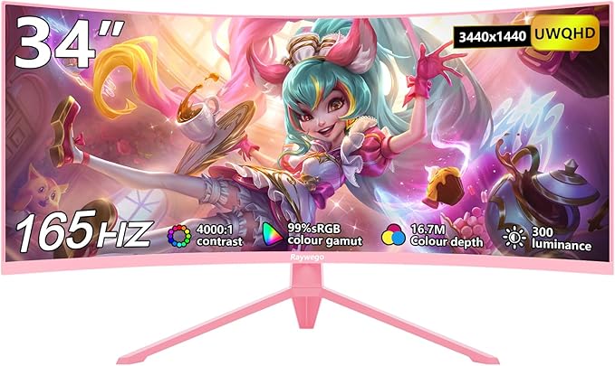 34 inch Pink Curved Gaming Comupter Monitor 165Hz UWQHD 3440x1440,1500R -PIP,1ms (MPRT),HDR, 300nits,sRGB99%,FreeSync,HDMI2.0(TMDS) x2,DP1.4 x2,Eye Care, Supports Wall Mount 75x75mm