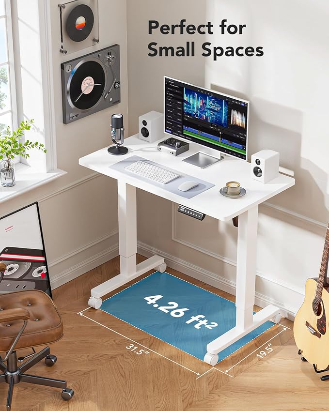 HUANUO Electric Small Standing Desk, 35" x 20" Whole Piece Desktop, Adjustable Height Computer Desk, 4 Height Memory Settings, Sit Stand Up Desk for Home Office, White