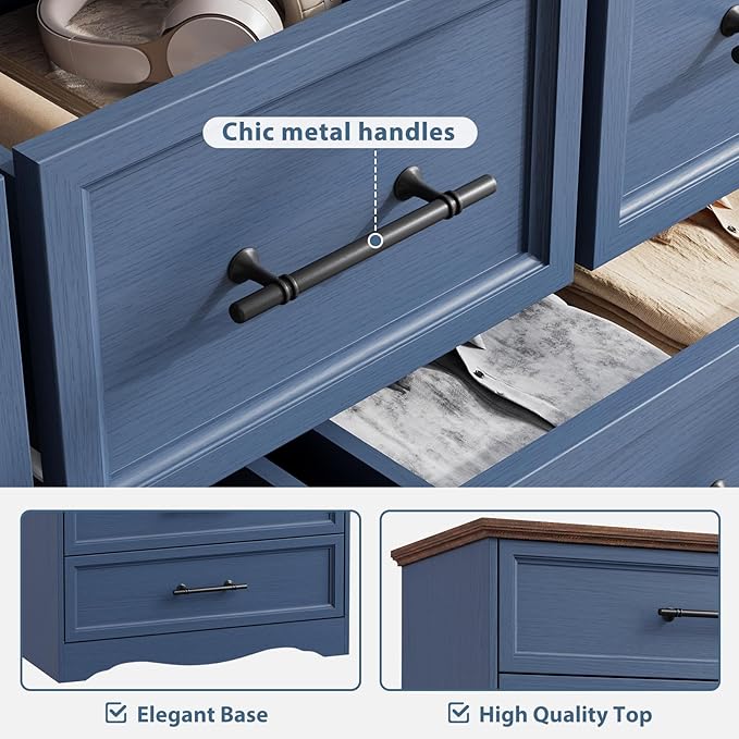 Blue Dresser for Bedroom, Modern 7 Chest of Drawers, 47" Wide Chest of Drawers w/Brushed Metal Handle, Wood Closet Organizers and Storage Cabinet for Bedroom, Living Room, Hallway